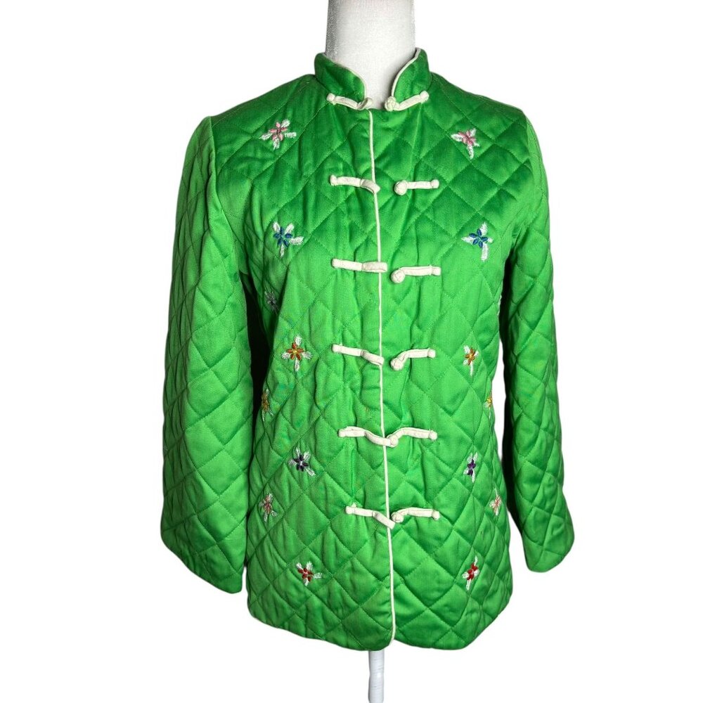 Vintage 70s Alfred Shaheen Quilted Asian Coat Small Green Frog Button Bell Sleev